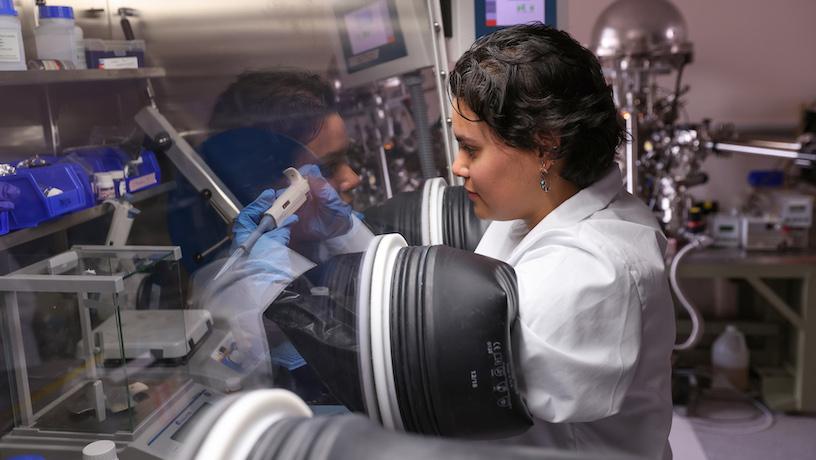 Student working in an oxygen-free "glove-box"