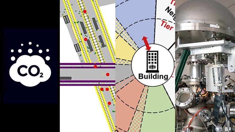 Four distinct images. Image one is an illustration of a cloud that reads "CO2". Image two shows research from Sharon Di. Image three shows research from Bianca Howard. Image four shows machinery used by Daniel Esposito.