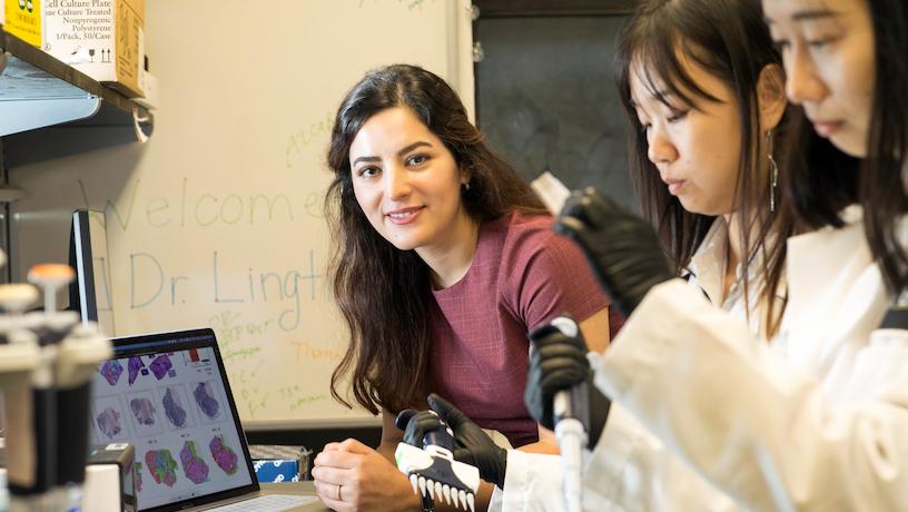 Elham Azizi smiling in the classroom. To her right, two students work in the foreground.