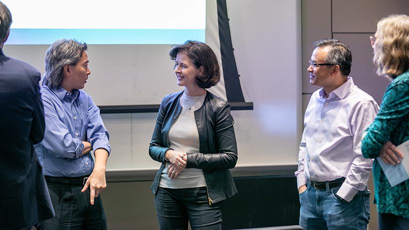 Catherine Corrigan chats with Columbia Engineering faculty who attended the March 8 lecture