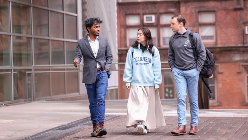 Three Columbia Engineering students walking on campus