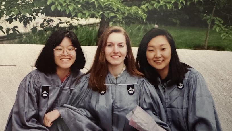 Alexis Harley flanked by two people, all wearing Columbia Engineering regalia and smiling for a photo