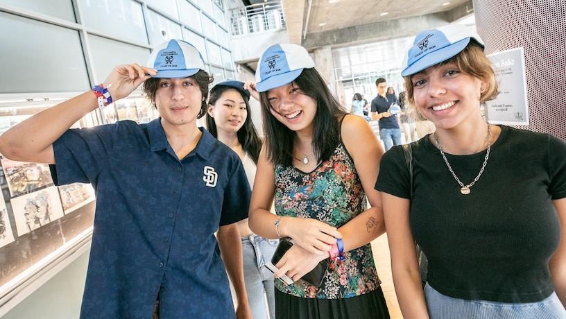 Four Columbia Engineering students wearing beanies