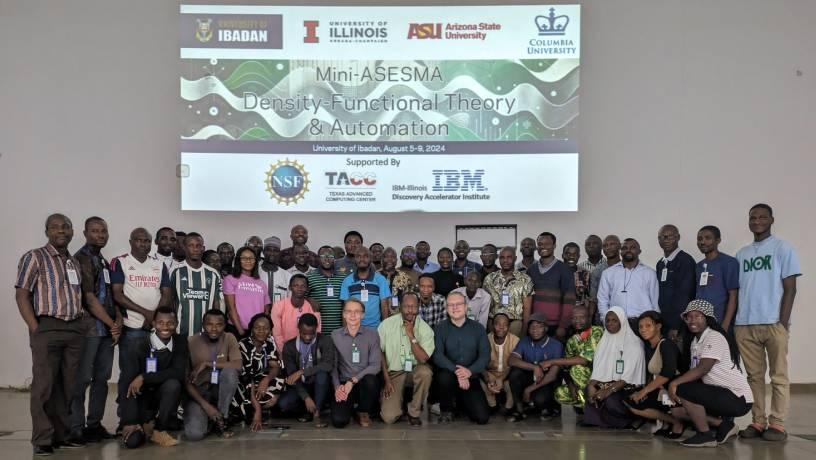 The participants of the Mini-ASESMA at the University of Ibadan, Nigeria. In the center of the front row, left to right, are André Schleife, Omololu Akin-Ojo, and Alex Urban.